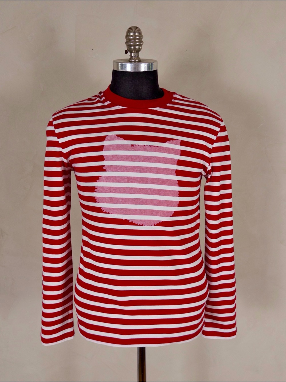 Maison Kitsuné Men’s Small Red White Striped Fox Breton Long Sleeve Shirt